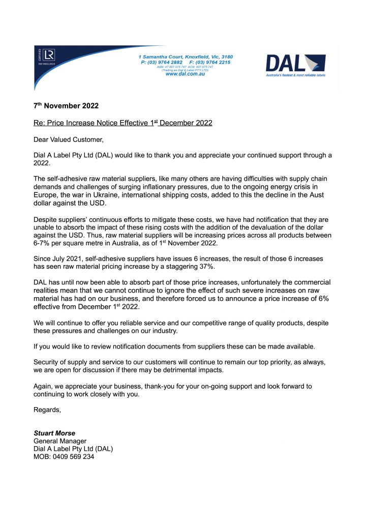 Dial A Label Pty Ltd (DAL) would like to thank you and appreciate your continued support through a 2022.